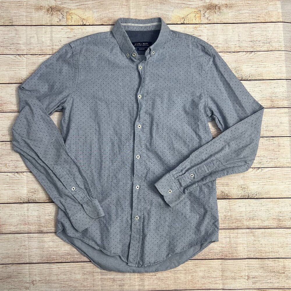 Zara Man Slim Fit Polka Dot Button Down‎ Shirt Medium Gray Long Sleeve